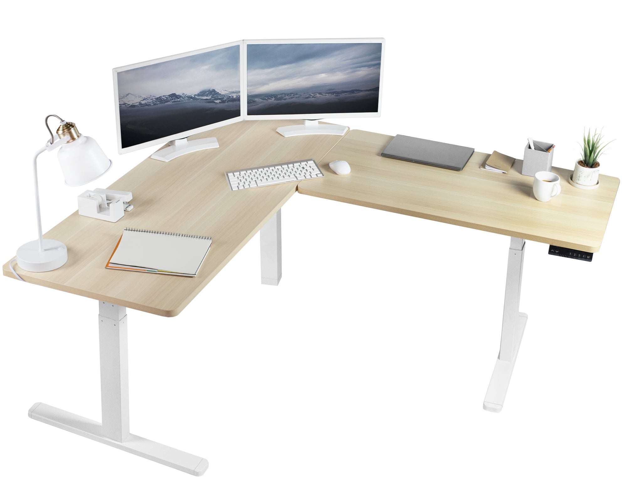 Heavy-duty electric height adjustable corner desk workstation for active sit or stand efficient workspace.