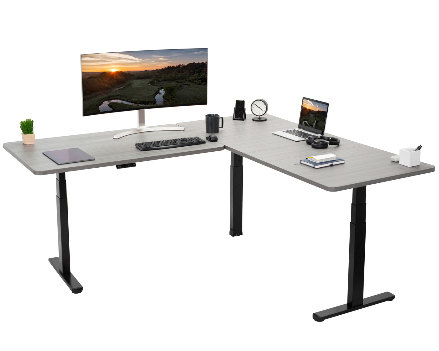 Enjoy a spacious workstation that accommodates an active work life with the Corner 77" x 71" Electric Desk