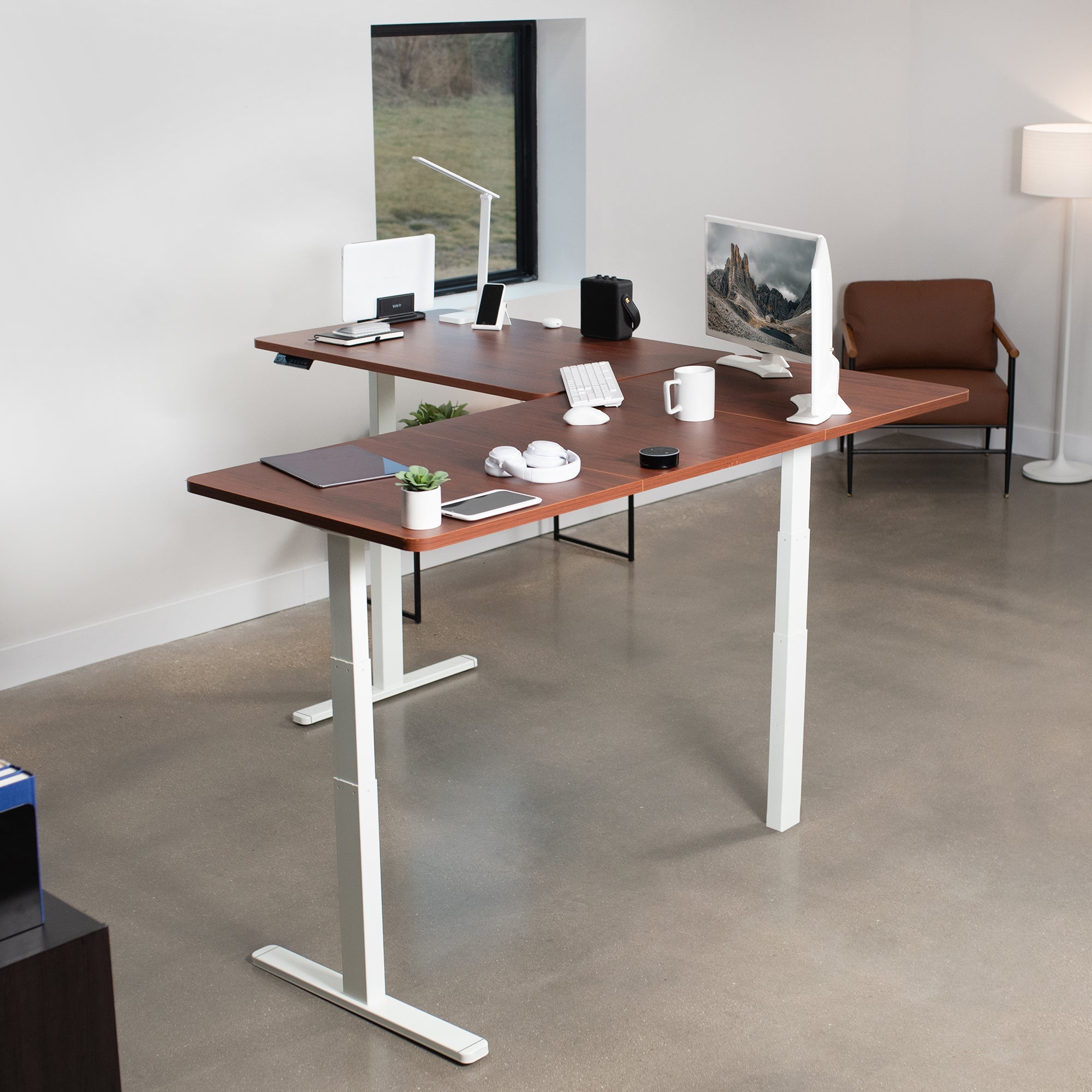 Sit or stand, 3-stage column, heavy-duty, L-shaped corner desk from VIVO. 