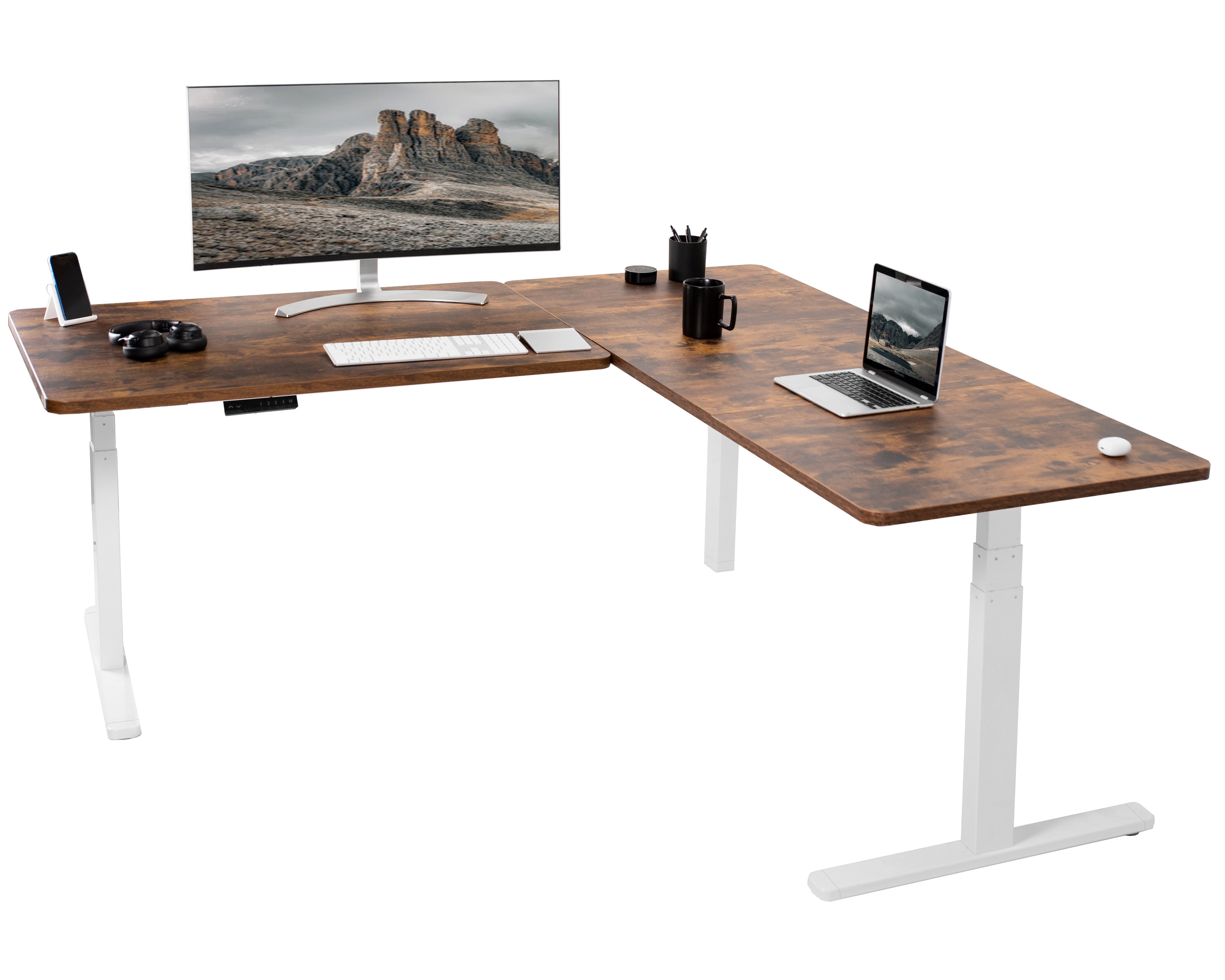 Sit or stand, 3-stage column, heavy-duty, L-shaped corner desk from VIVO. 