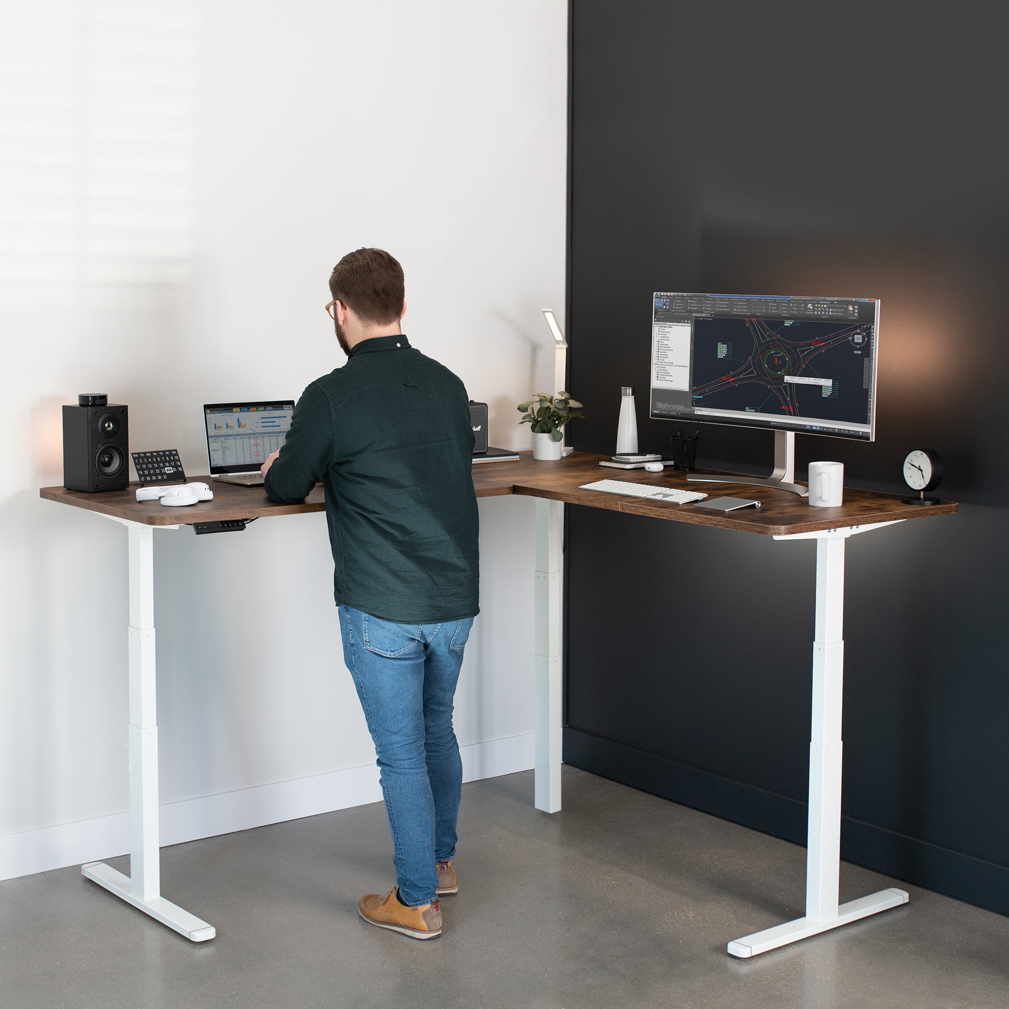 Sit or stand, 3-stage column, heavy-duty, L-shaped corner desk from VIVO. 