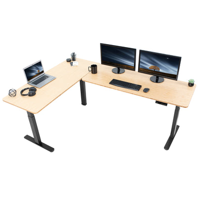 Large sturdy height adjustable bamboo corner desk workstation with memory controller.