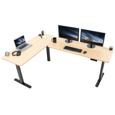Large sturdy height adjustable corner desk workstation with memory controller.