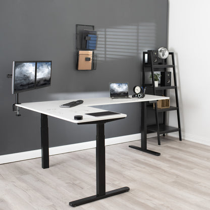 Large sturdy height adjustable dry erase whiteboard corner desk workstation with memory controller.