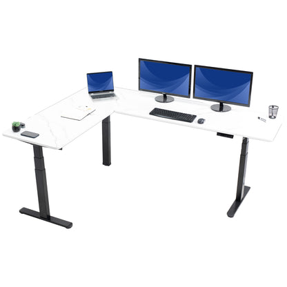 Large sturdy height adjustable dry erase whiteboard corner desk workstation with memory controller.