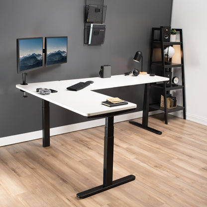 Large sturdy height adjustable corner desk workstation with memory controller.