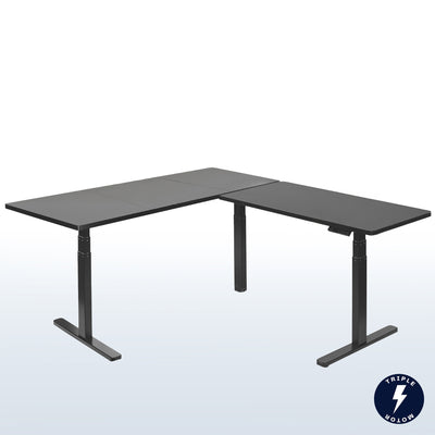 Large sturdy height adjustable corner desk workstation with memory controller.