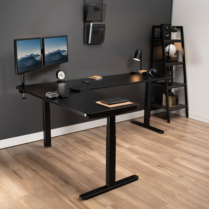 Large sturdy height adjustable corner desk workstation with memory controller.