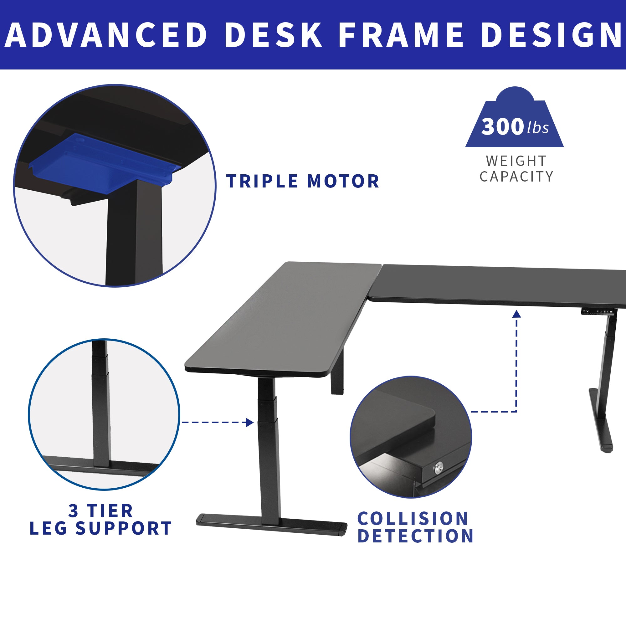 Large sturdy height adjustable corner desk workstation with memory controller.