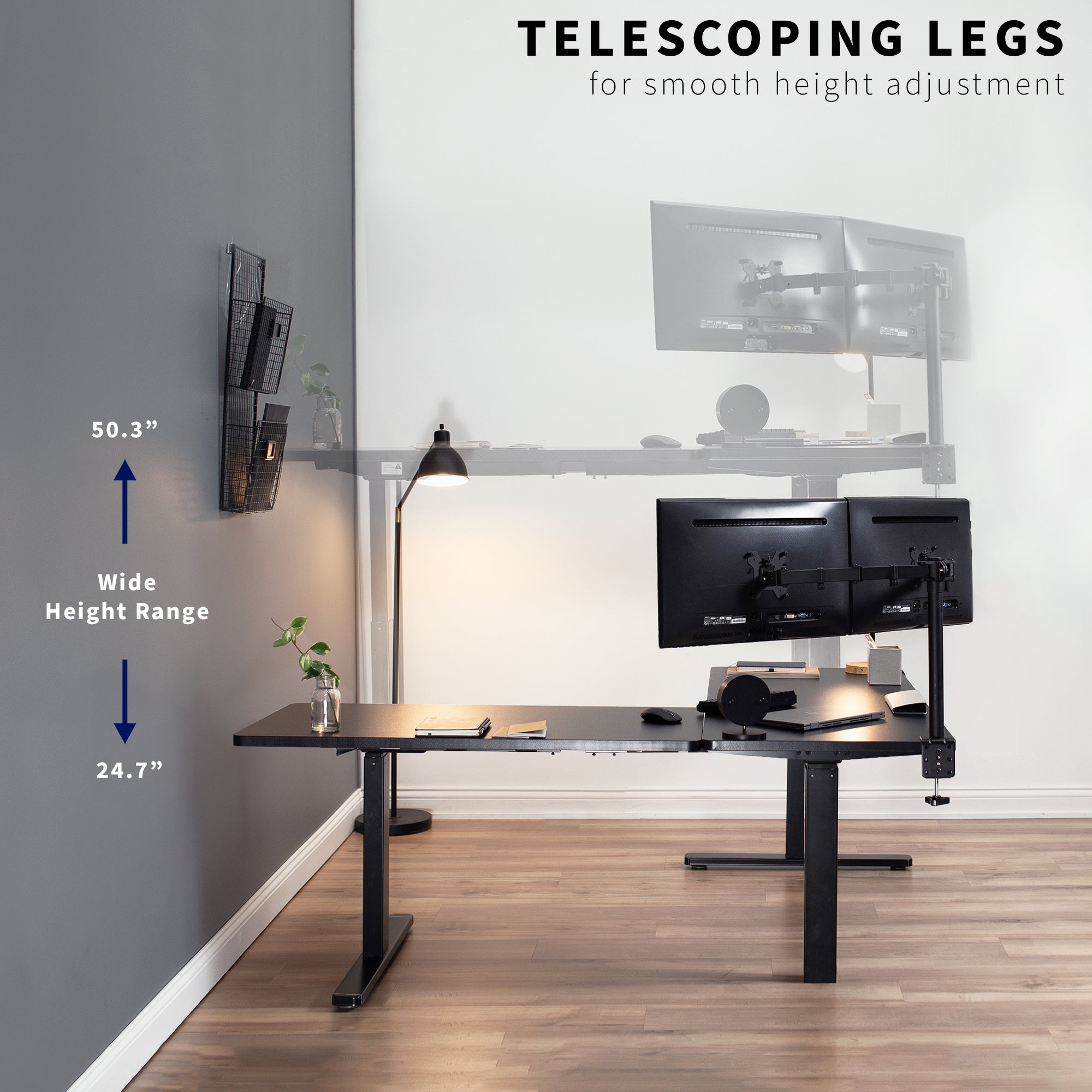 Large sturdy height adjustable corner desk workstation with memory controller.