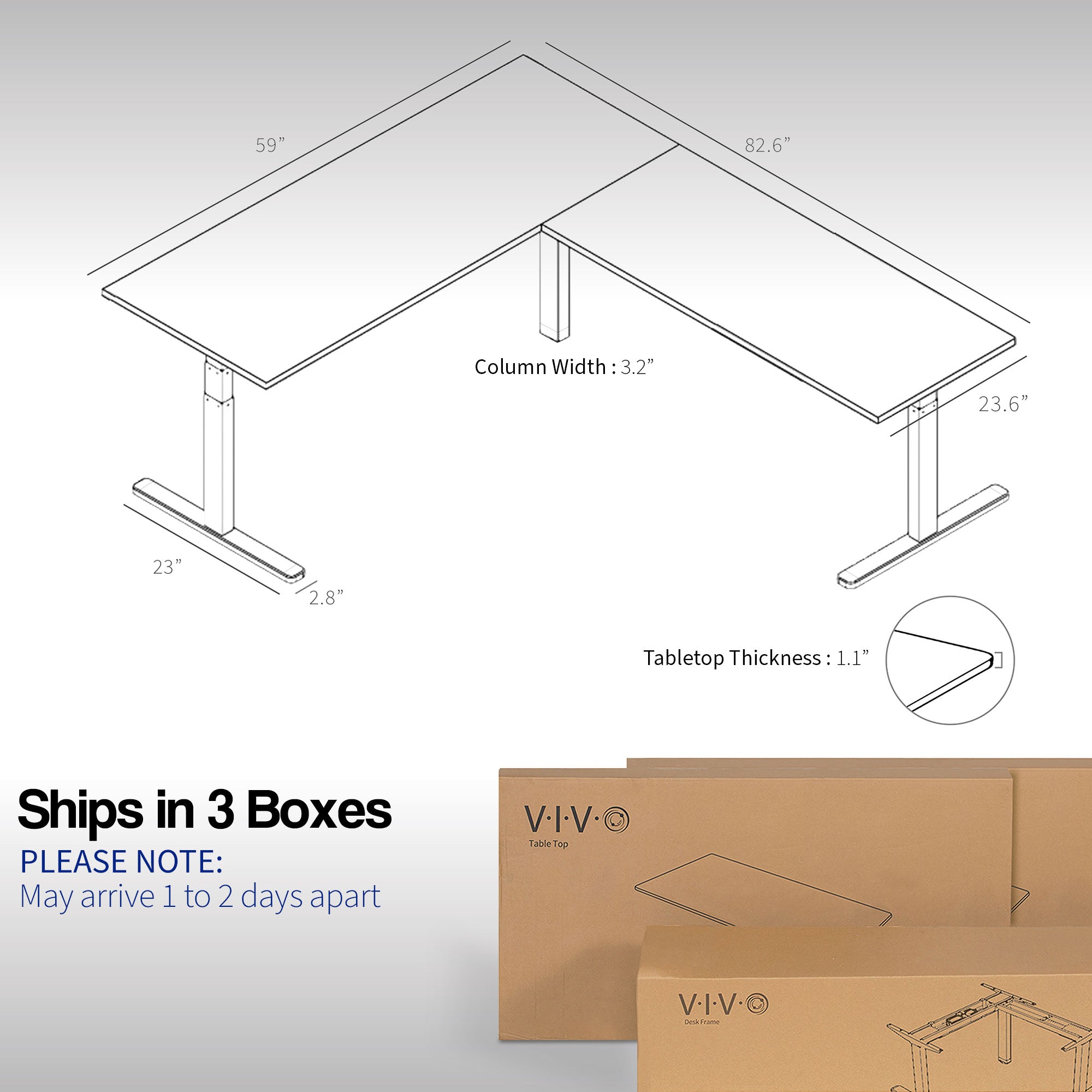 Large sturdy height adjustable corner desk workstation with memory controller. Desk parts ship in three separate boxes and may arrive on separate days.