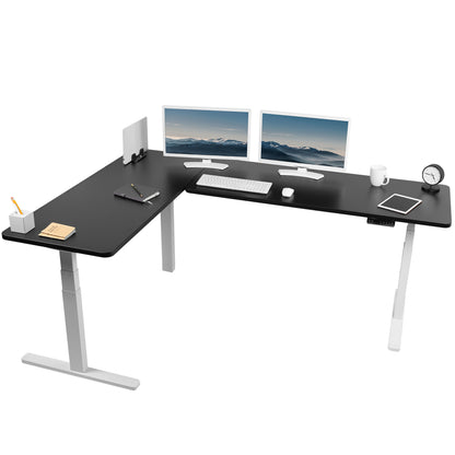 Large sturdy height adjustable corner desk workstation with memory controller.