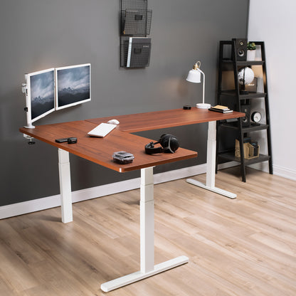 Large sturdy height adjustable corner desk workstation with memory controller.