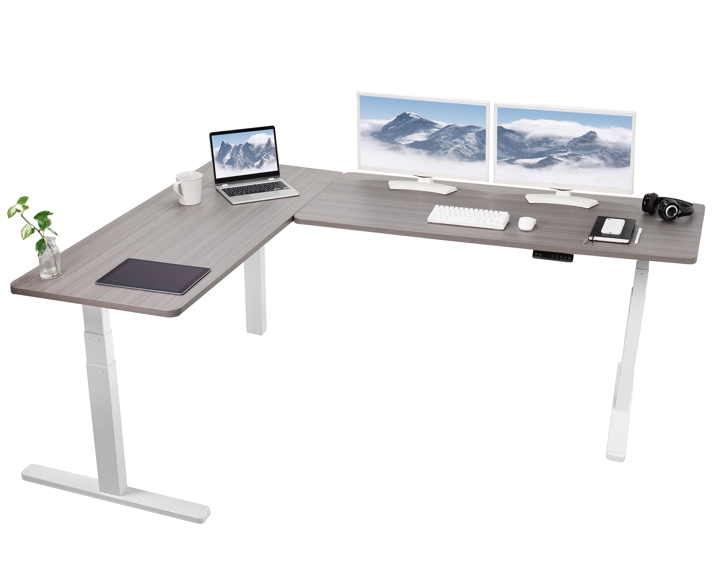 Large sturdy height adjustable corner desk workstation with memory controller.