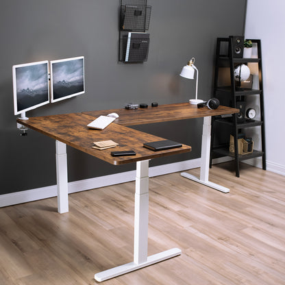 Large sturdy height adjustable corner desk workstation with memory controller.