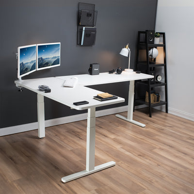 Large sturdy height adjustable corner desk workstation with memory controller.