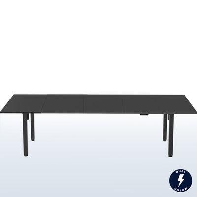 118" x 55" Dual Motor Electric 4-Leg Desk with Square Corner Top is an extra large height adjustable desk perfect for a conference room table or project workstation setup.