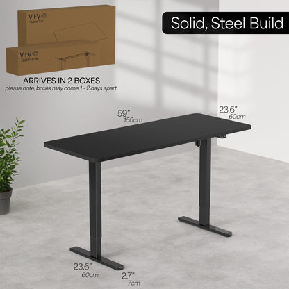 Black adjustable desk with dimensions and packaging information on a neutral background