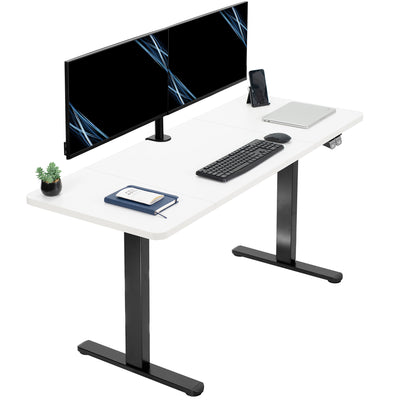 White computer desk with black legs, dual monitor setup, keyboard, and mouse on a white background
