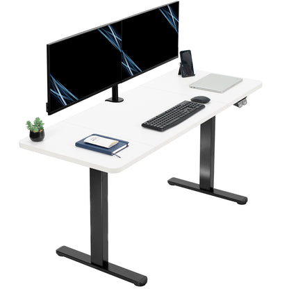White computer desk with black legs, dual monitor setup, keyboard, and mouse on a white background