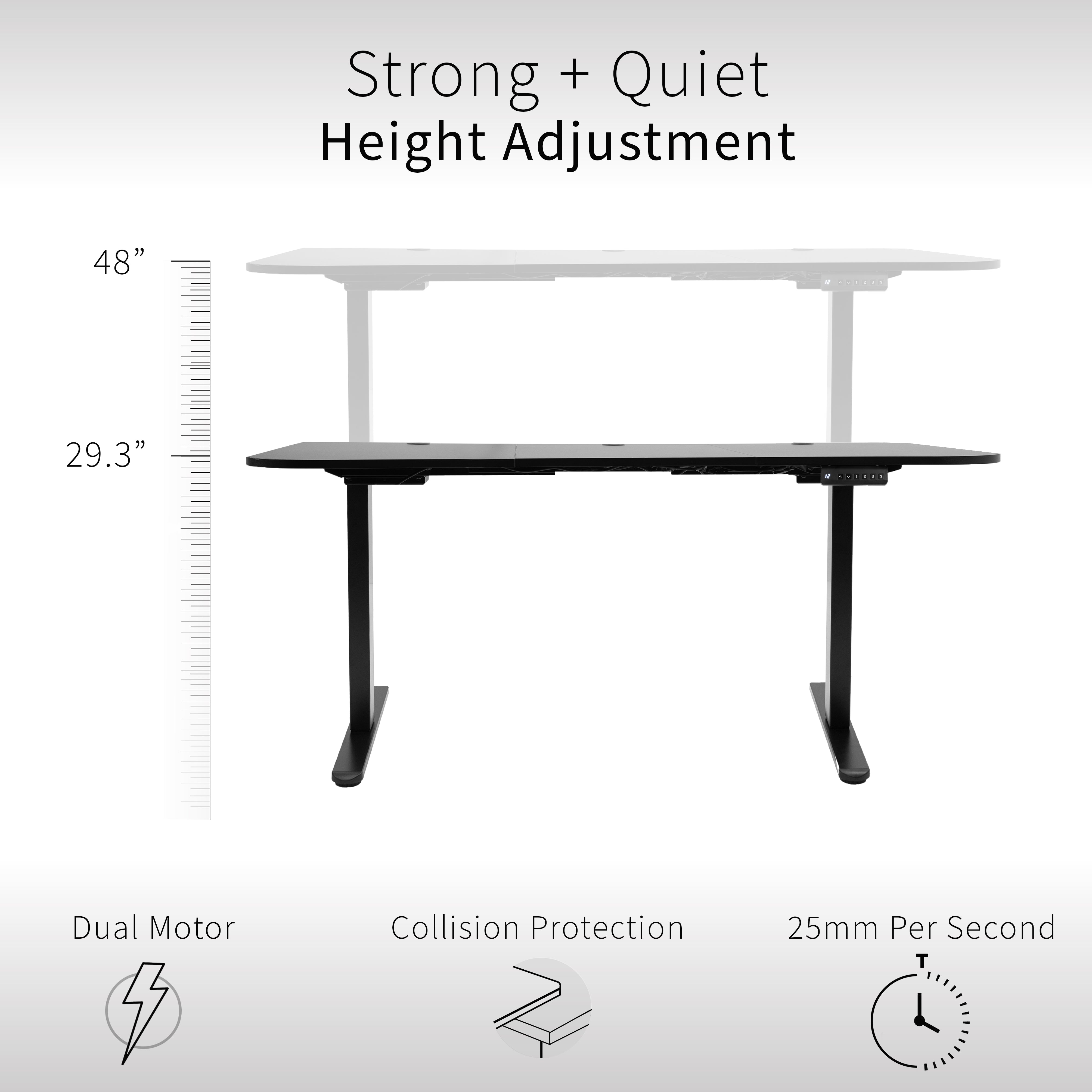 Dual motors designed to swiftly adjust the height of the desktop with built-in collision detection.