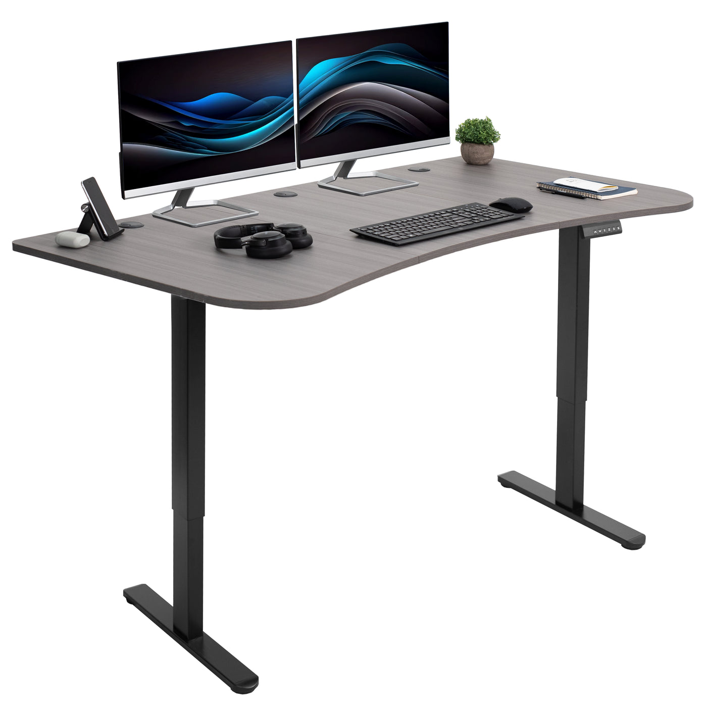 Heavy-duty electric sit to stand height adjustable ergonomic desk workstation with programmable memory controller for convenient productive workspace.