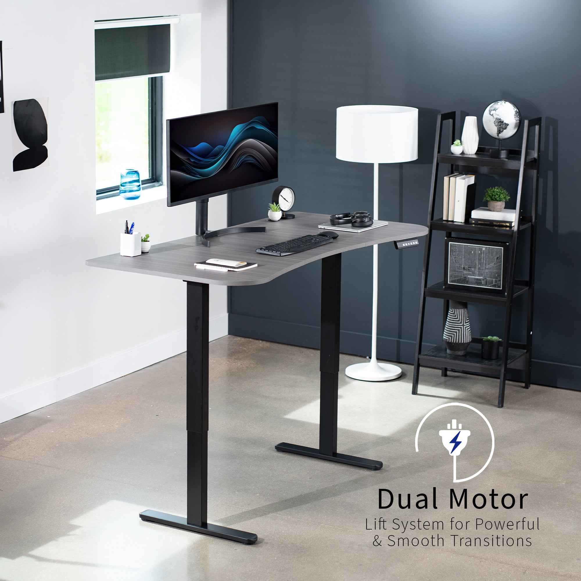 Heavy-duty electric sit to stand height adjustable ergonomic desk workstation with programmable memory controller for convenient productive workspace.