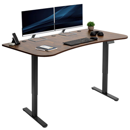 Rustic heavy-duty electric sit to stand height adjustable ergonomic desk workstation with programmable memory controller for convenient productive workspace.