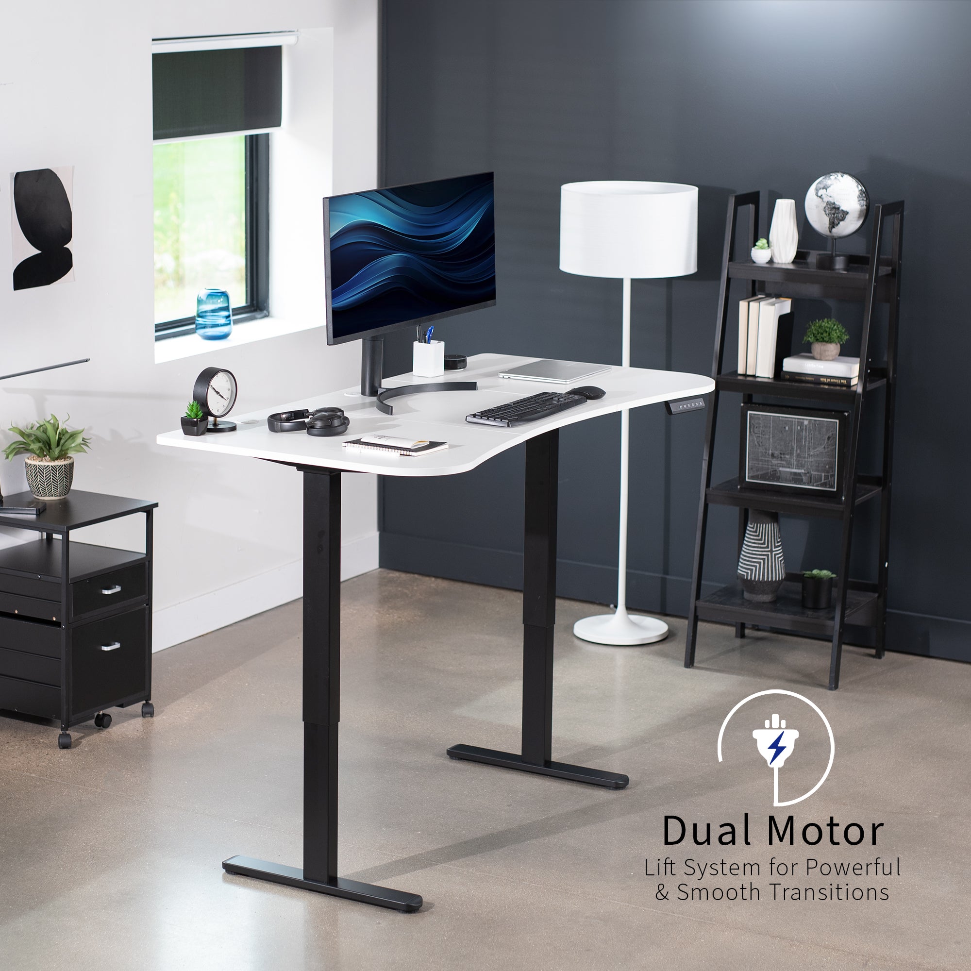 Heavy-duty electric sit to stand height adjustable ergonomic desk workstation with programmable memory controller for convenient productive workspace.