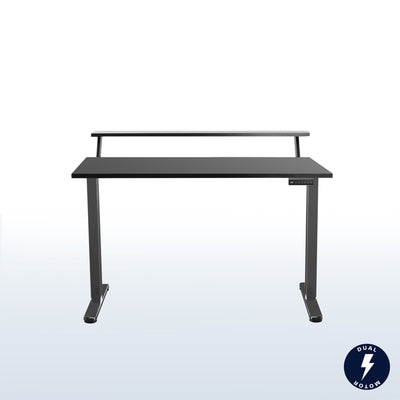 Heavy-duty dual tier electric height adjustable ergonomic desk workstation with programmable memory controller.
