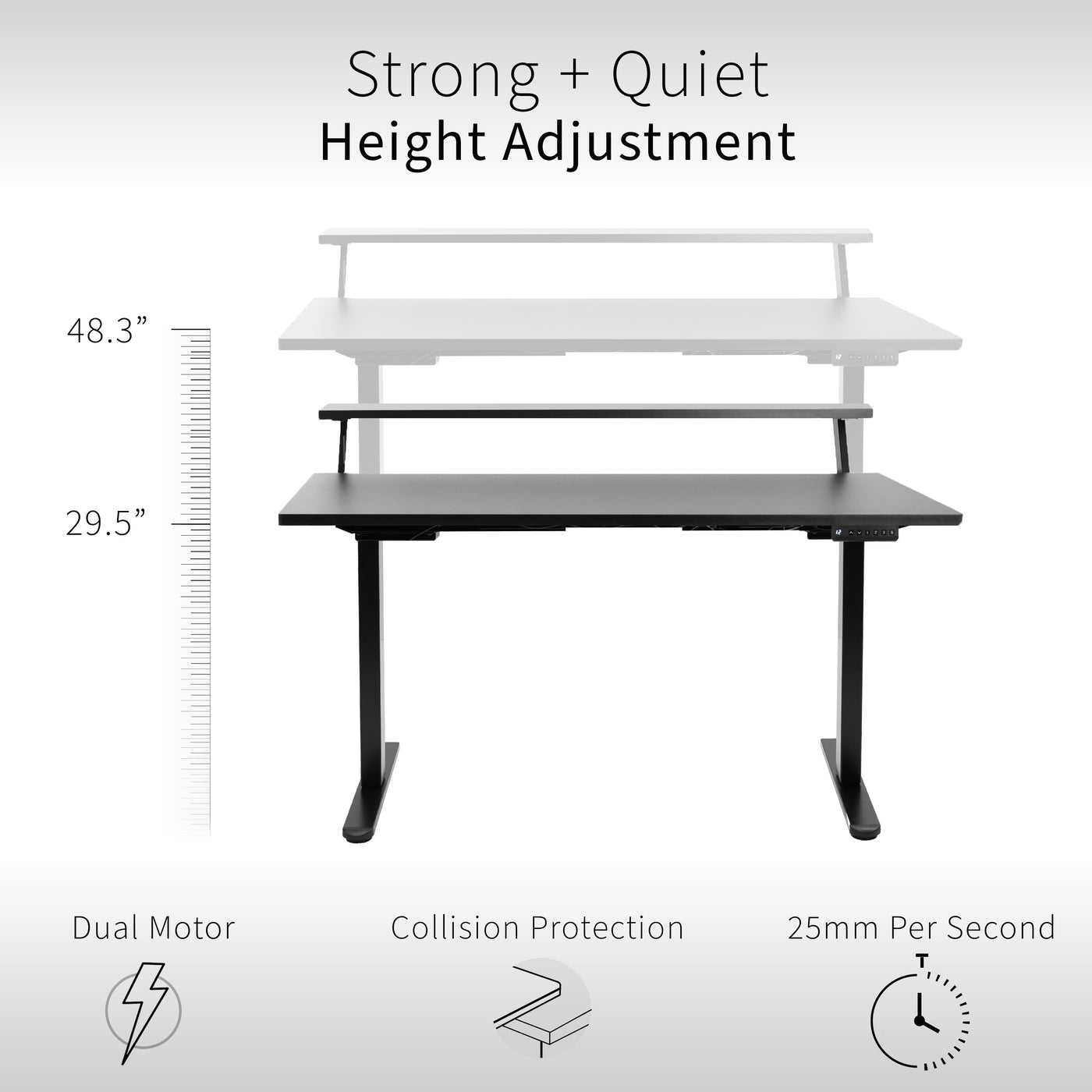 Heavy-duty dual tier electric height adjustable ergonomic desk workstation with programmable memory controller.