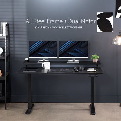 Heavy-duty dual tier electric height adjustable ergonomic desk workstation with programmable memory controller.