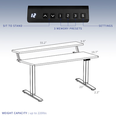 Heavy-duty dual tier electric height adjustable ergonomic desk workstation with programmable memory controller.