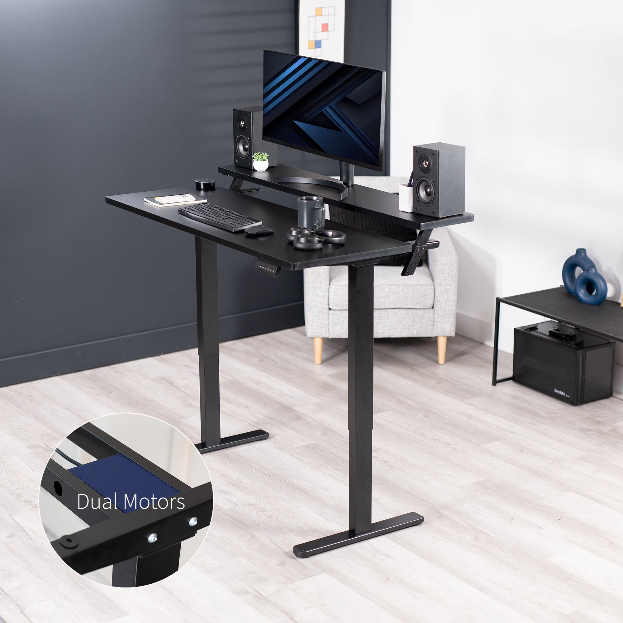 Heavy-duty dual tier electric height adjustable ergonomic desk workstation with programmable memory controller.