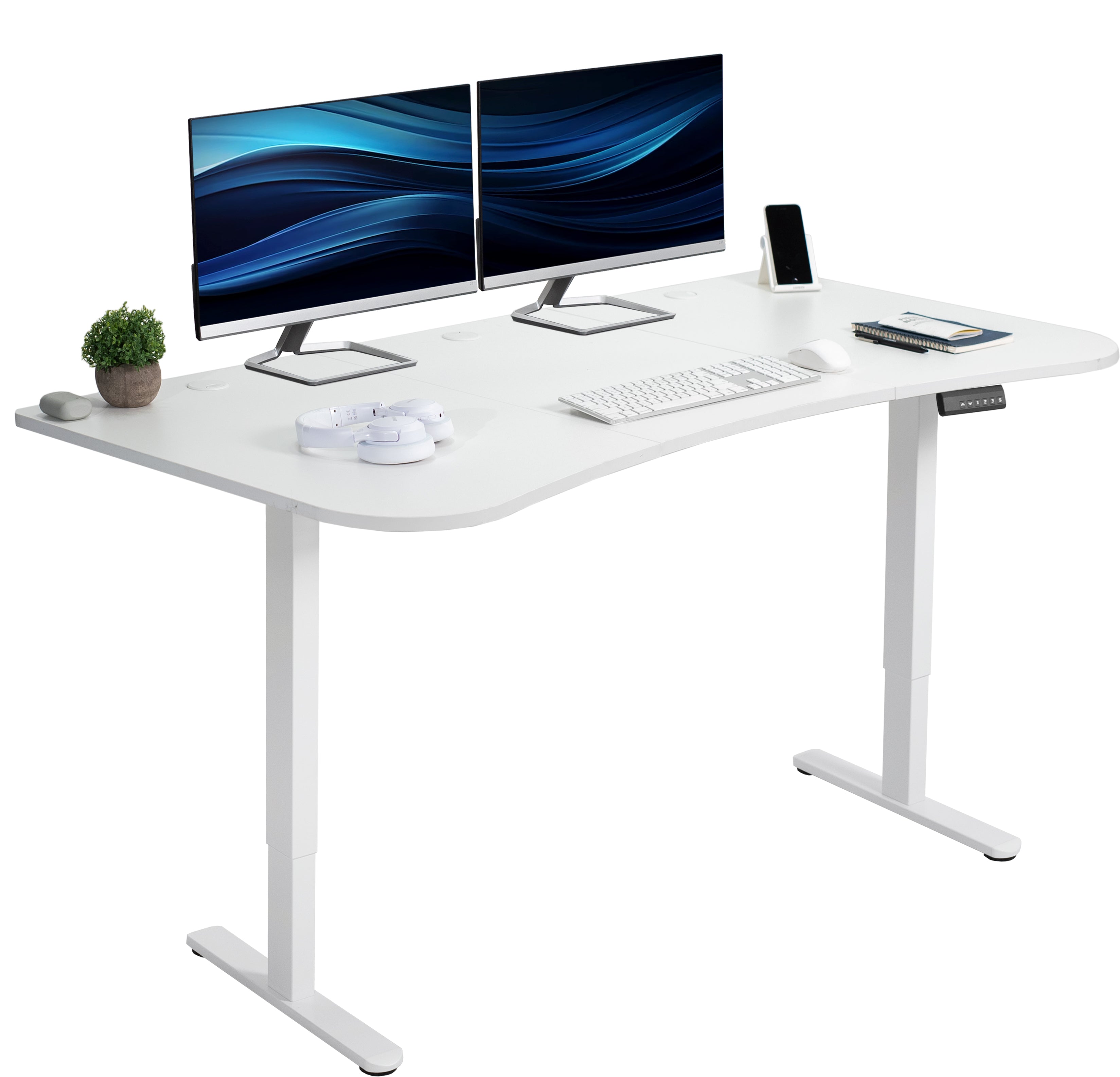 Heavy-duty electric sit to stand height adjustable ergonomic desk workstation with programmable memory controller for convenient productive workspace.