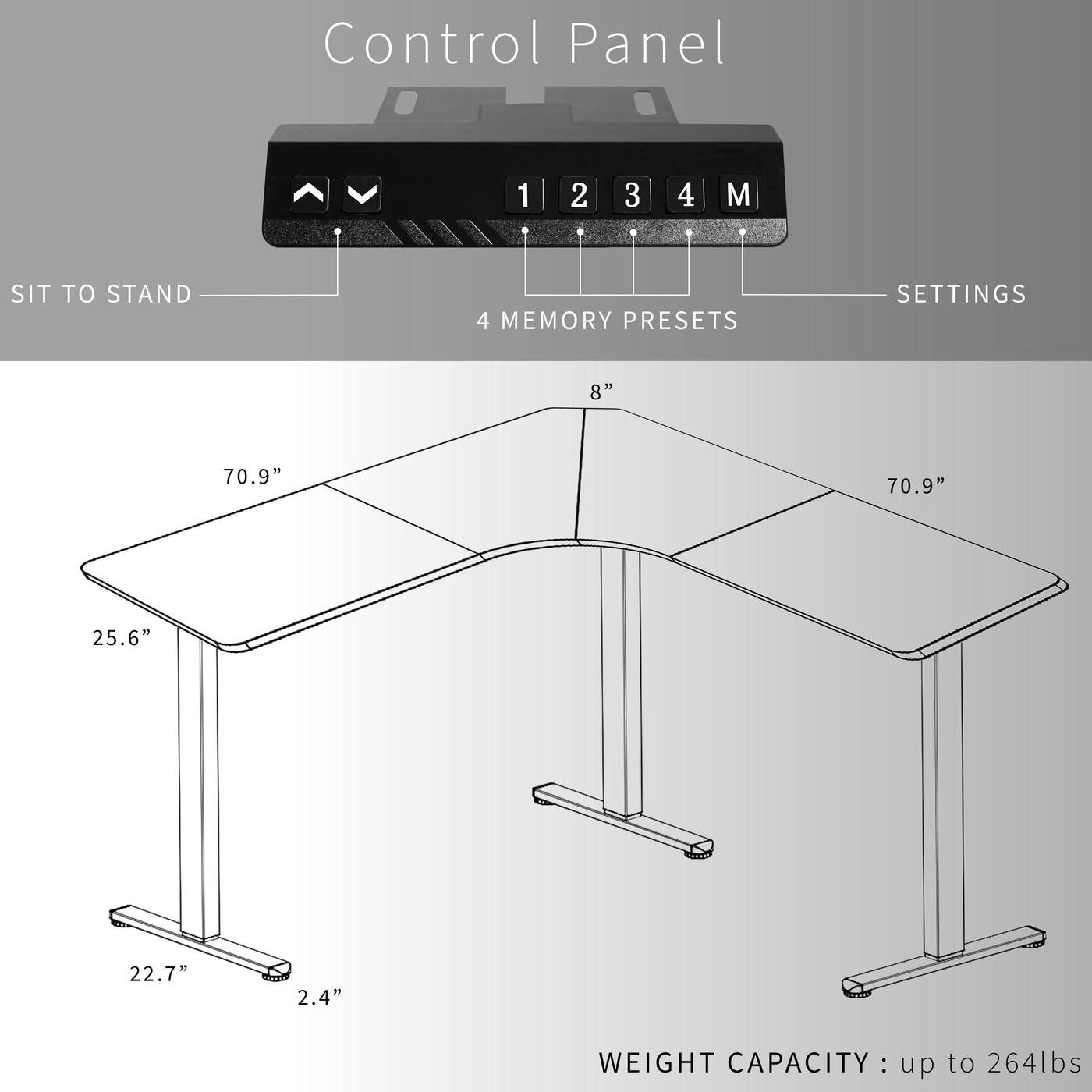 Control panel featuring four memory presets showcasing large tabletop surface area.