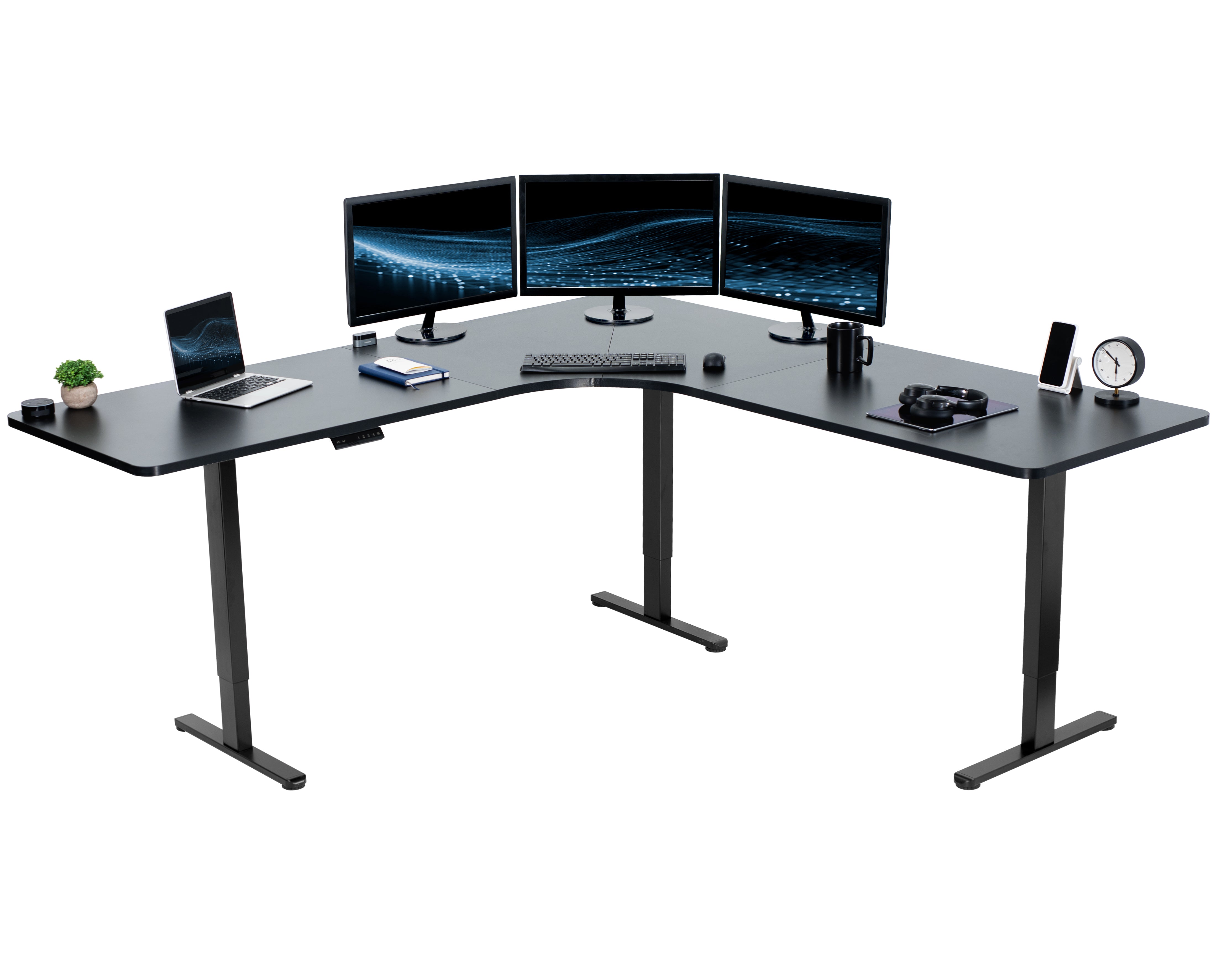 Large heavy-duty electric height adjustable corner desk workstation with programmable memory controller.