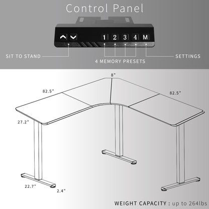 Large heavy-duty electric height adjustable corner desk workstation with programmable memory controller.