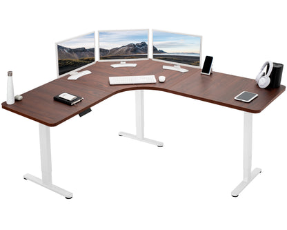 Large heavy-duty electric height adjustable corner desk workstation with programmable memory controller.