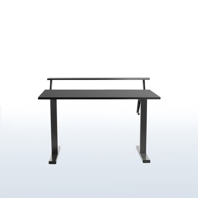 Innovative 2-tier split top design of a modern black height adjustable desk.