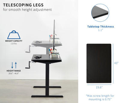 Simple and easy-to-use crank lift featured on the side of the desk.