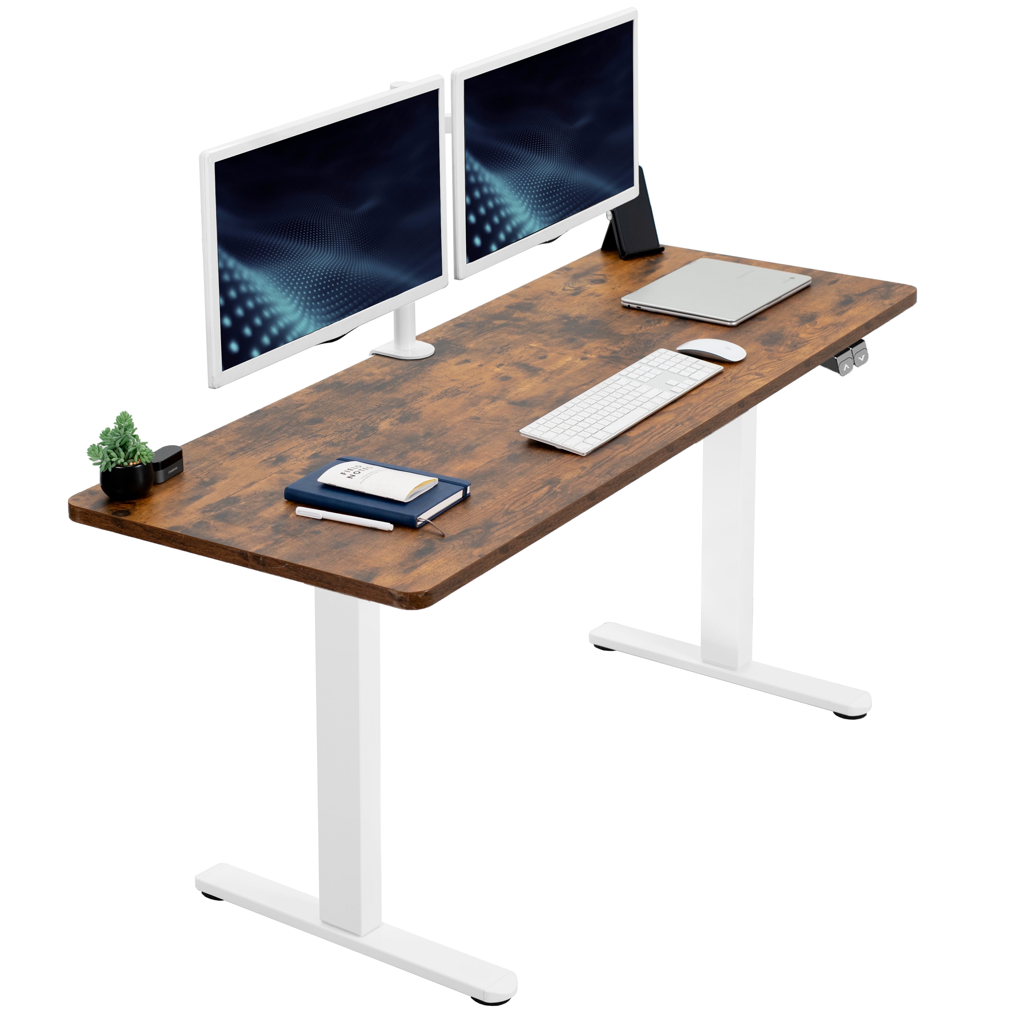 Heavy-duty rustic electric height adjustable desktop workstation for active sit or stand efficient workspace.