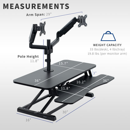 36 inch height adjustable desk riser with articulating pneumatic dual monitor mount.