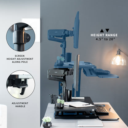 36 inch height adjustable desk riser with articulating pneumatic dual monitor mount.