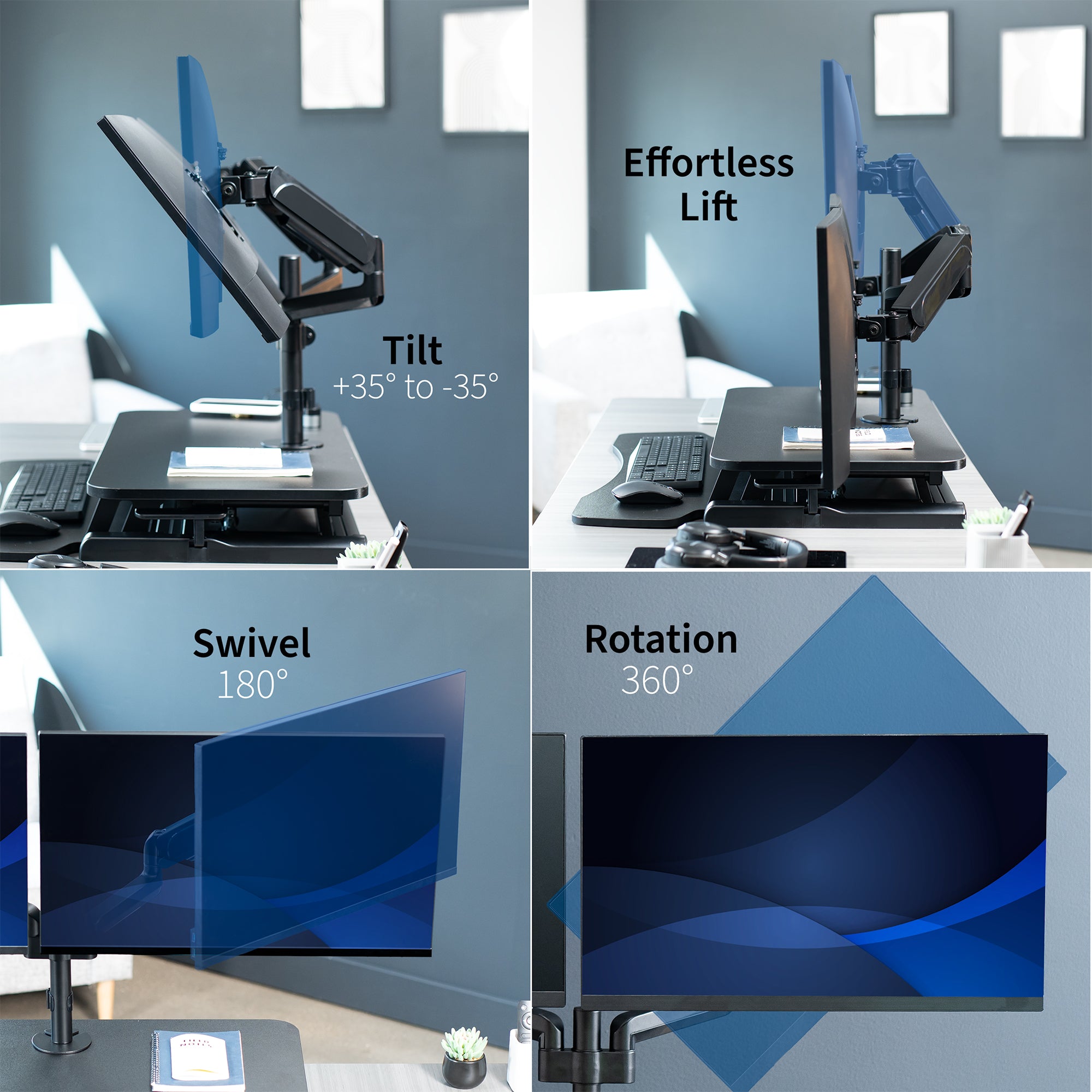 42 inch height adjustable desk riser with articulating pneumatic dual monitor mount.