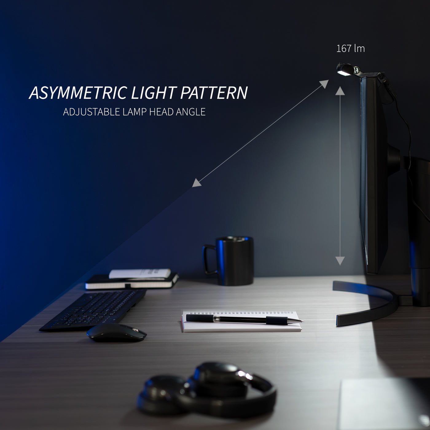 LED light bar for space saving and better desk lighting with no glare, five color temperature settings, and five brightness levels.