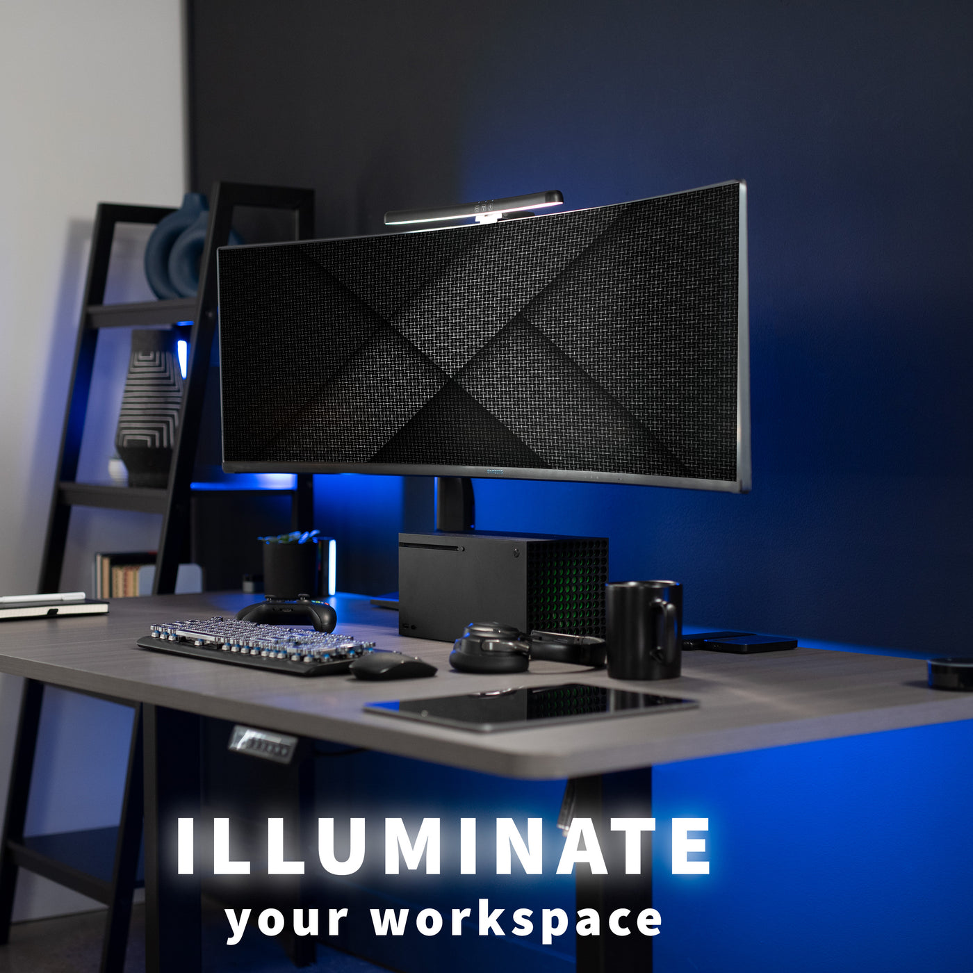LED light bar for curved monitors powered by USB connection with brightness adjustment and color temperature settings for brighter workstation with no screen glare and increased desk space.