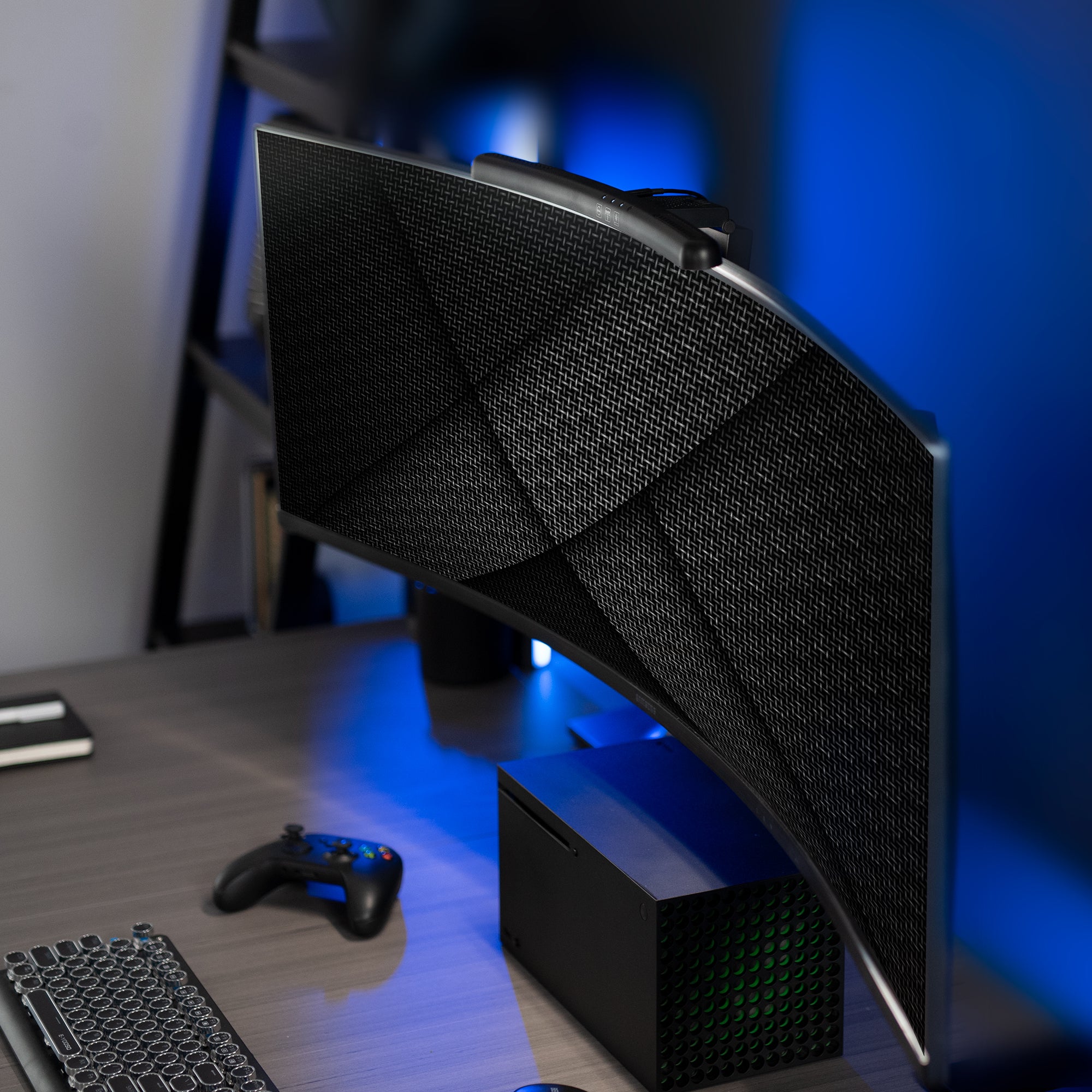 LED light bar for curved monitors powered by USB connection with brightness adjustment and color temperature settings for brighter workstation with no screen glare and increased desk space.