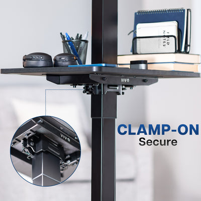 Under desk floating shelf platform that clamps onto desk leg. Provides convenient hidden storage that adjusts with your sit to stand desk.
