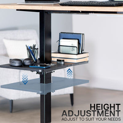 Under desk floating shelf platform that clamps onto desk leg. Provides convenient hidden storage that adjusts with your sit to stand desk.